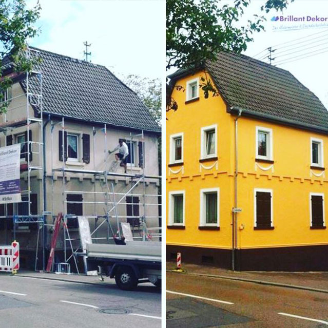 Vorher Nachher. Wunderbare gelbe Fassade